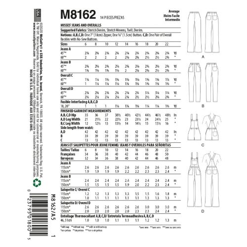 MCCALLS - M8162 JEANS AND OVERALLS FOR MISS - 6-14