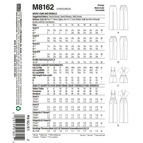 MCCALLS - M8162 JEANS AND OVERALLS FOR MISS - 14-22