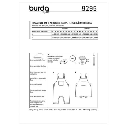 BURDA - 9295 CHILD PANTS WITH BRACES 