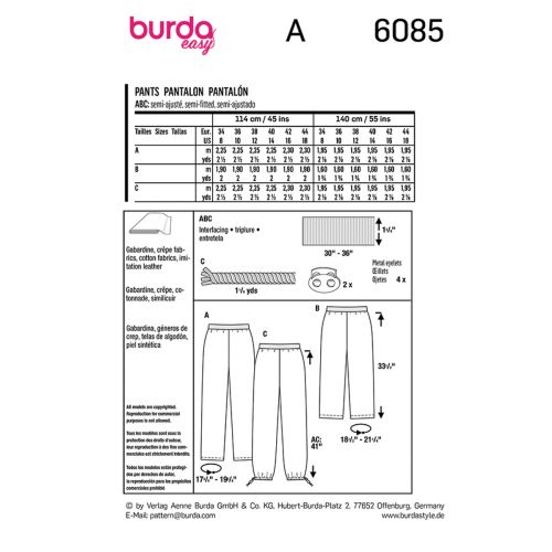 BURDA - 6085 STRAIGHT LEG PANTS FOR MISS