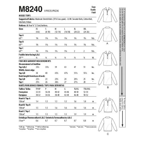 MCCALLS - M8240 LONG-SLEEVED TOPS FOR MISS - XS-XXL