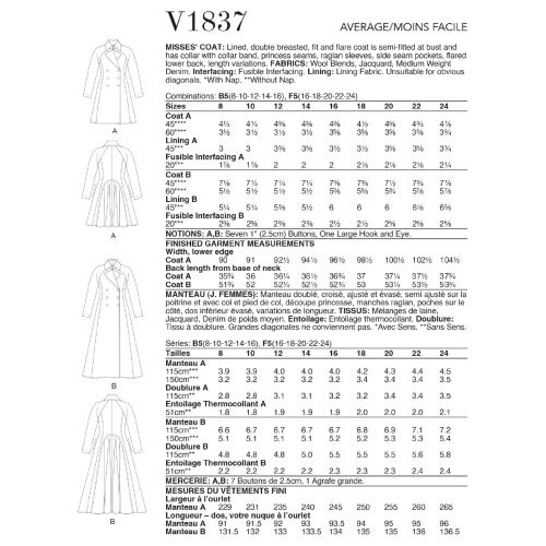 VOGUE - V1837 SEMI-FIT LINED COATS FOR MISS