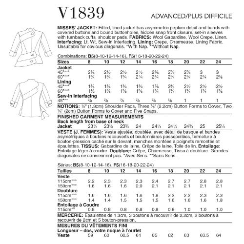 VOGUE - V1839 ASYMMETRIC FITTED LINED JACKET FOR MISS