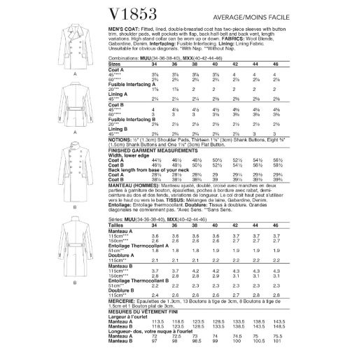 VOGUE - V1853 LINED COATS FOR MEN