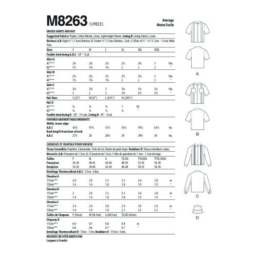 MCCALLS - M8263 SHIRTS & HAT UNISEX - S-XXXL