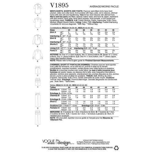 VOGUE - V1895 SHIRTS, SHORTS AND PANTS FOR MEN