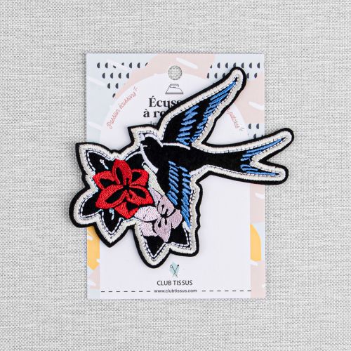 IRON-ON PATCH SWALLOW & FLOWERS - BLACK