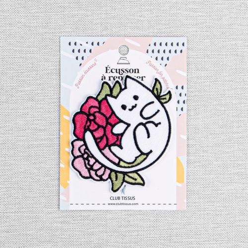 IRON-ON PATCH CAT & FLOWERS - WHITE & PINK