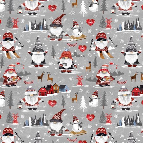 NORDIC GNOMES COTTON BY TIMELESS TREASURES - WINTER NORDIC GNOMES TOWN GREY