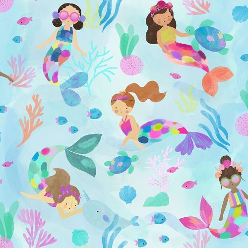 MERMAID AT HEART COTTON BY TIMELESS TREASURES - MERMAID SUMMER PARTY BLUE