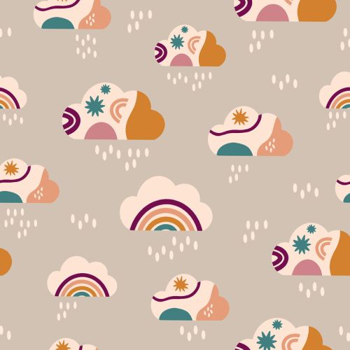 NO RAIN, NO FLOWERS COTTON BY AMY WILLIAMSON FOR DASHWOOD - CLOUD AND RAINBOW BEIGE