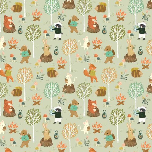 CEDAR CAMP COTTON BY RAMBLE & BRAMBLE FOR DASHWOOD - WOODLAND CRITTERS BEIGE